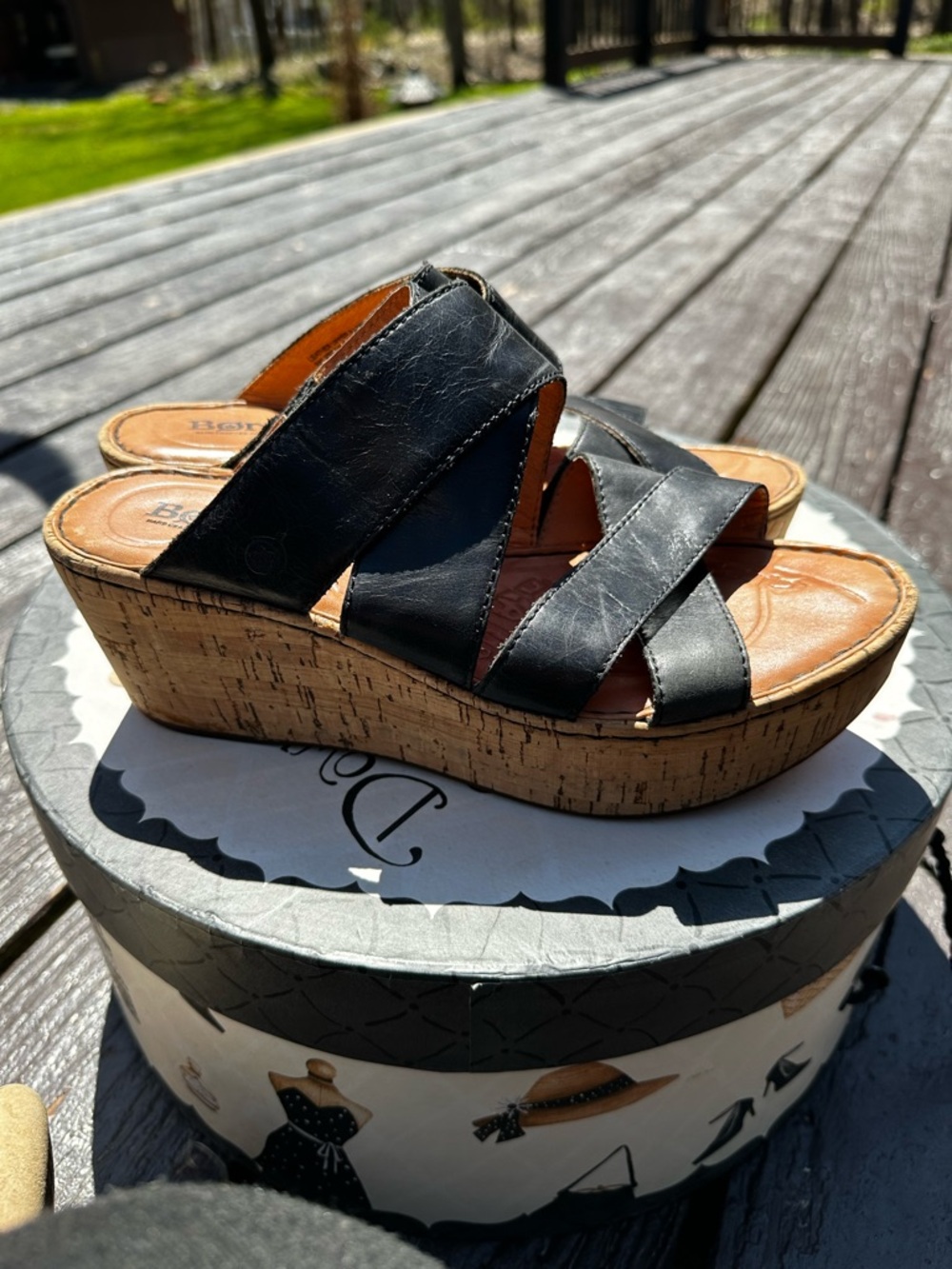 Born Black Leather Cork Wedge Slide Sandals